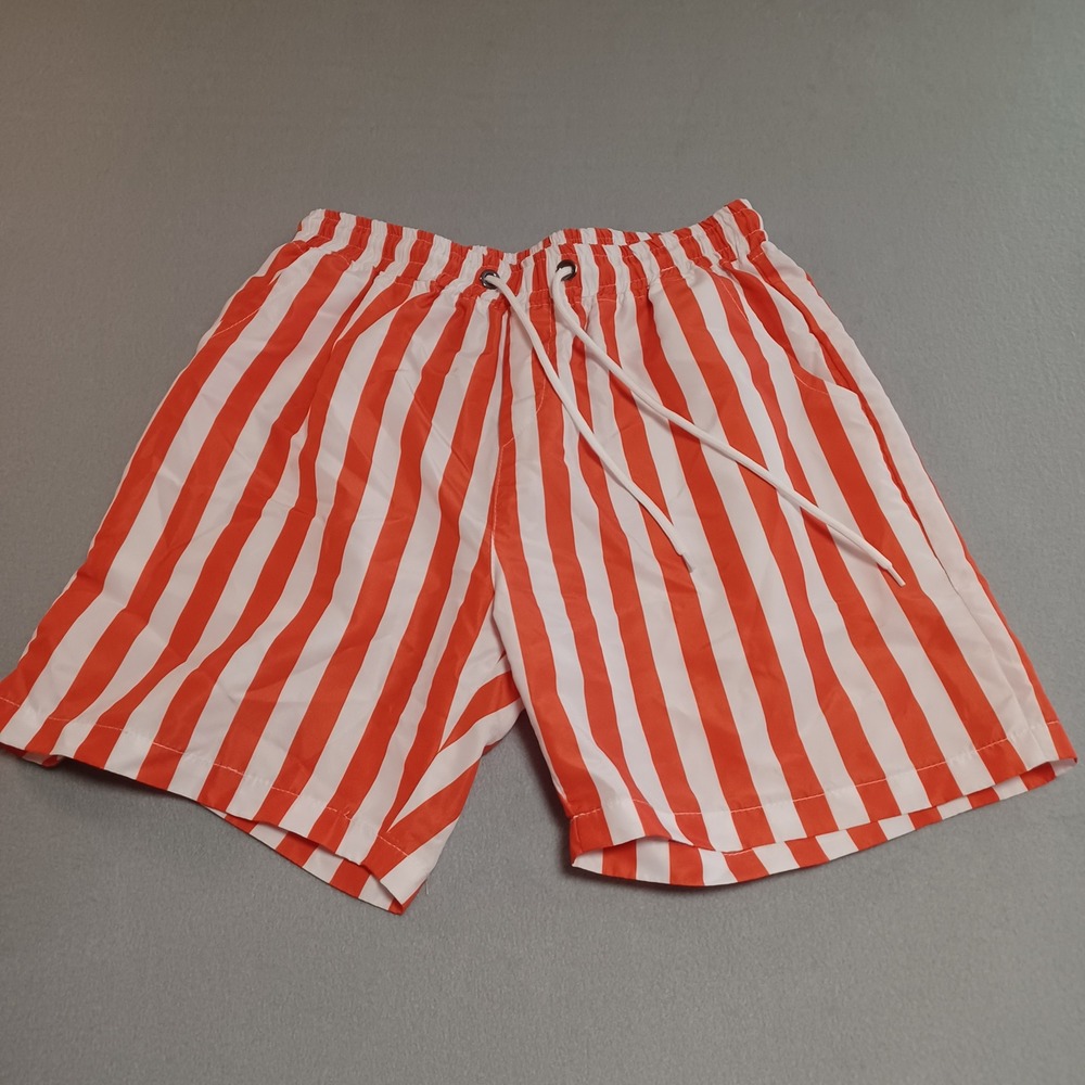 SHEIN Mens Red White Striped Swim Trunks Elastic Waist Drawstring Shorts L